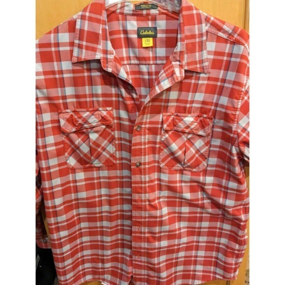 Cabelas Men‎ large red white plaid Long Sleeve Button Down Shirt flannel classic